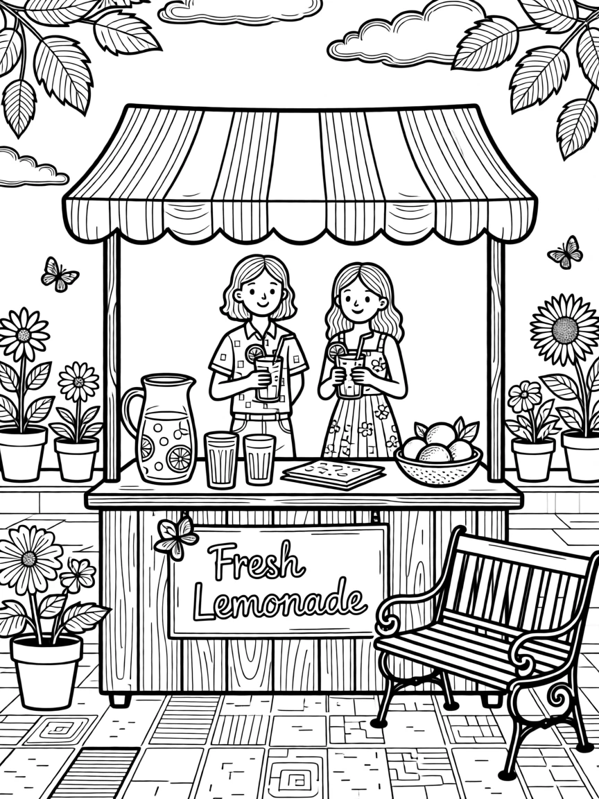 A summer lemonade stand scene run by cheerful figures on a sunny street.