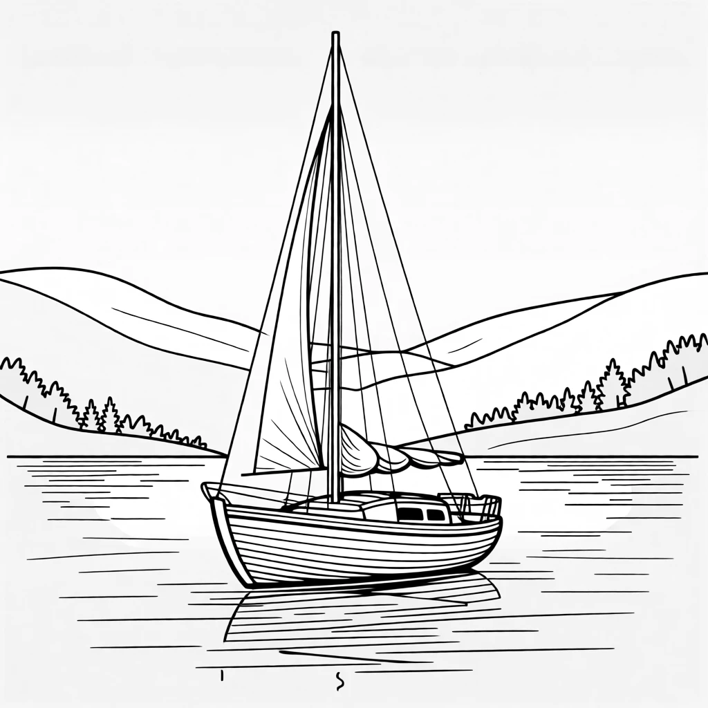 A wooden sailboat anchored in a quiet cove