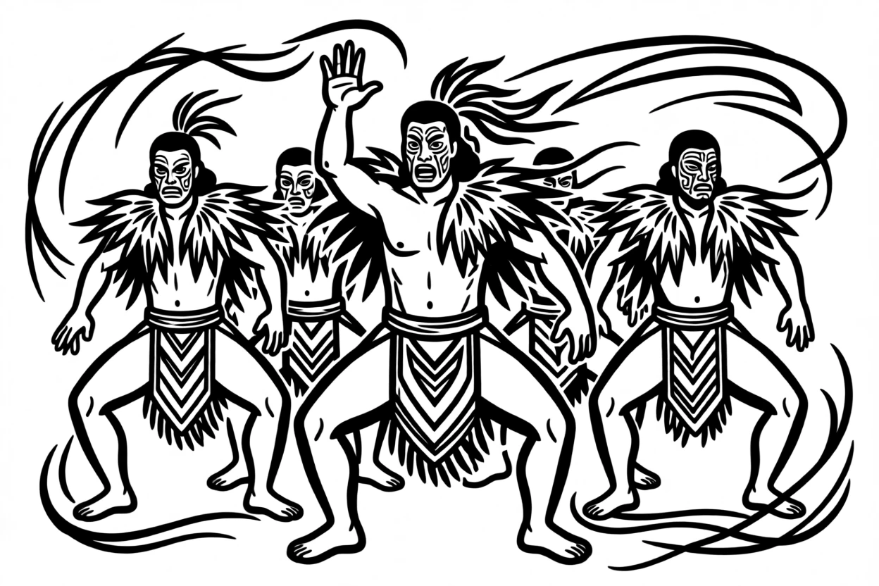 A New Zealand Maori haka performance with dancers in traditional dress.