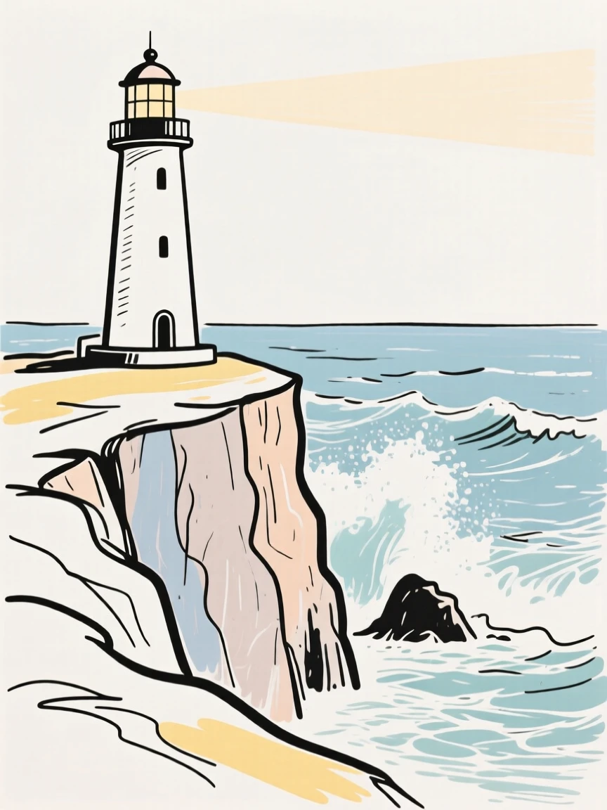 A lighthouse standing tall on a rugged cliff overlooking crashing waves.