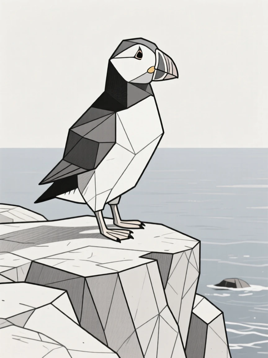A puffin standing on a rocky sea cliff