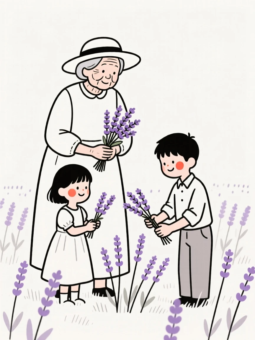 A grandmother and grandchildren preparing for a wedding day, in a lavender field.