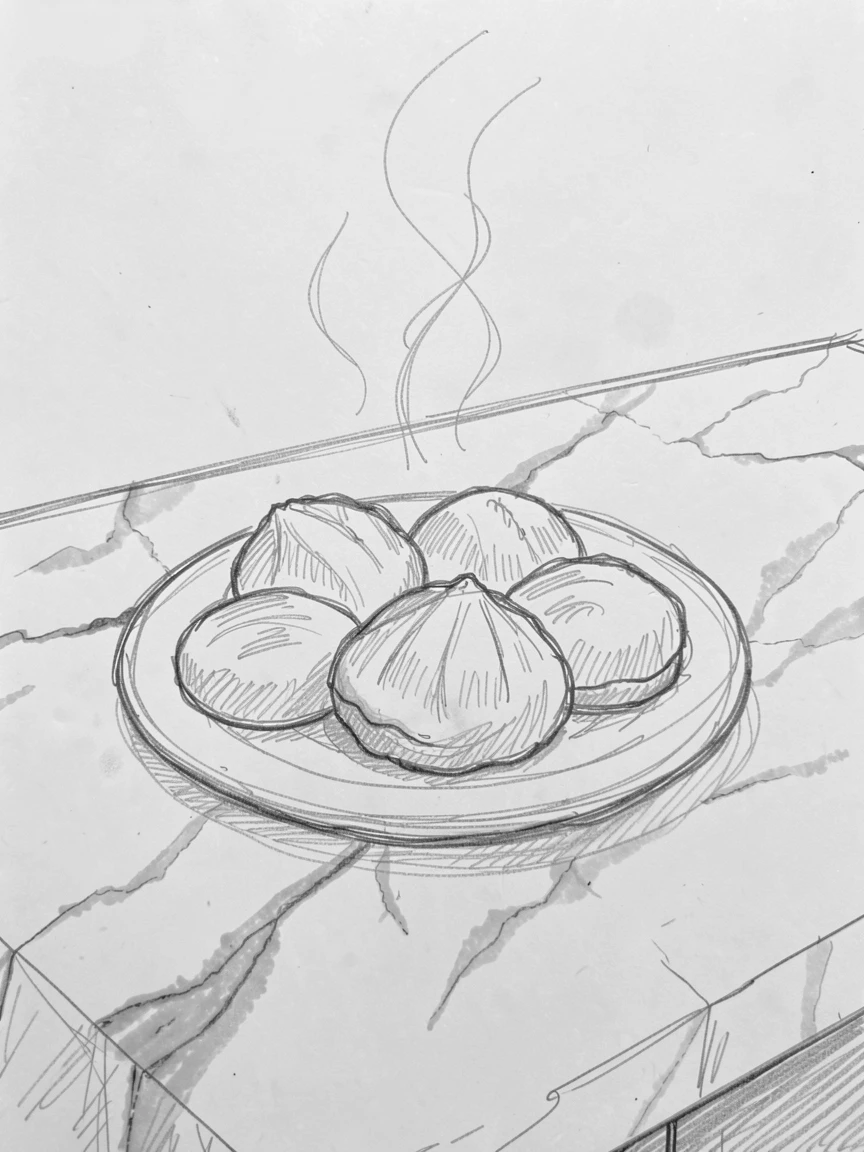 A plate of delicate pastries on a marble countertop, with steam rising gently into the light.