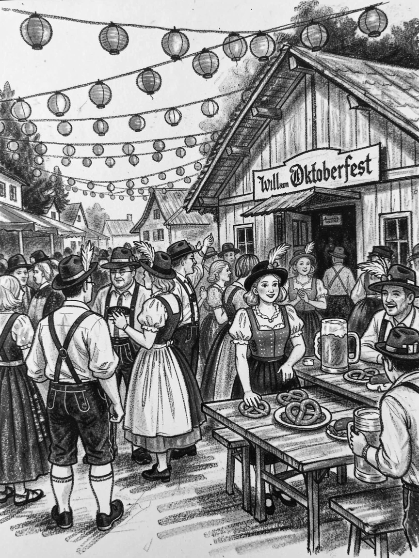 A traditional German Oktoberfest celebration, under a canopy of colorful lanterns.