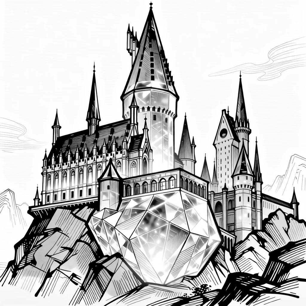 A castle carved entirely from a single giant crystal, glowing from within.