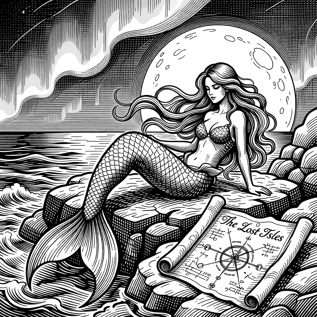 A mermaid resting on a moonlit reef under a sky streaked with aurora light, with an old map unfurled nearby, forming a full of wonder fantasy scene.
