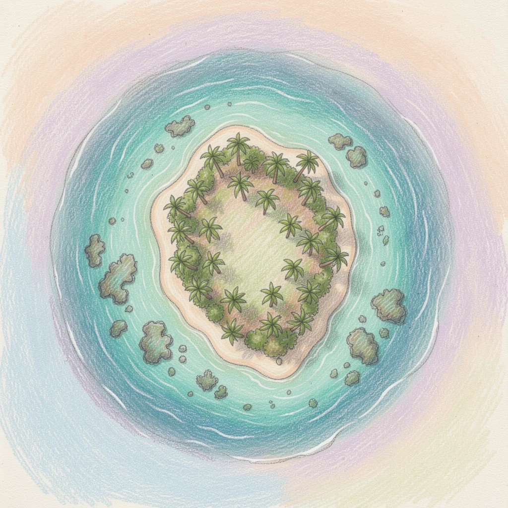 A tropical island viewed from above with turquoise reefs below, set against a softly lit, atmospheric backdrop, radiating comfort, joy, and quiet beauty.