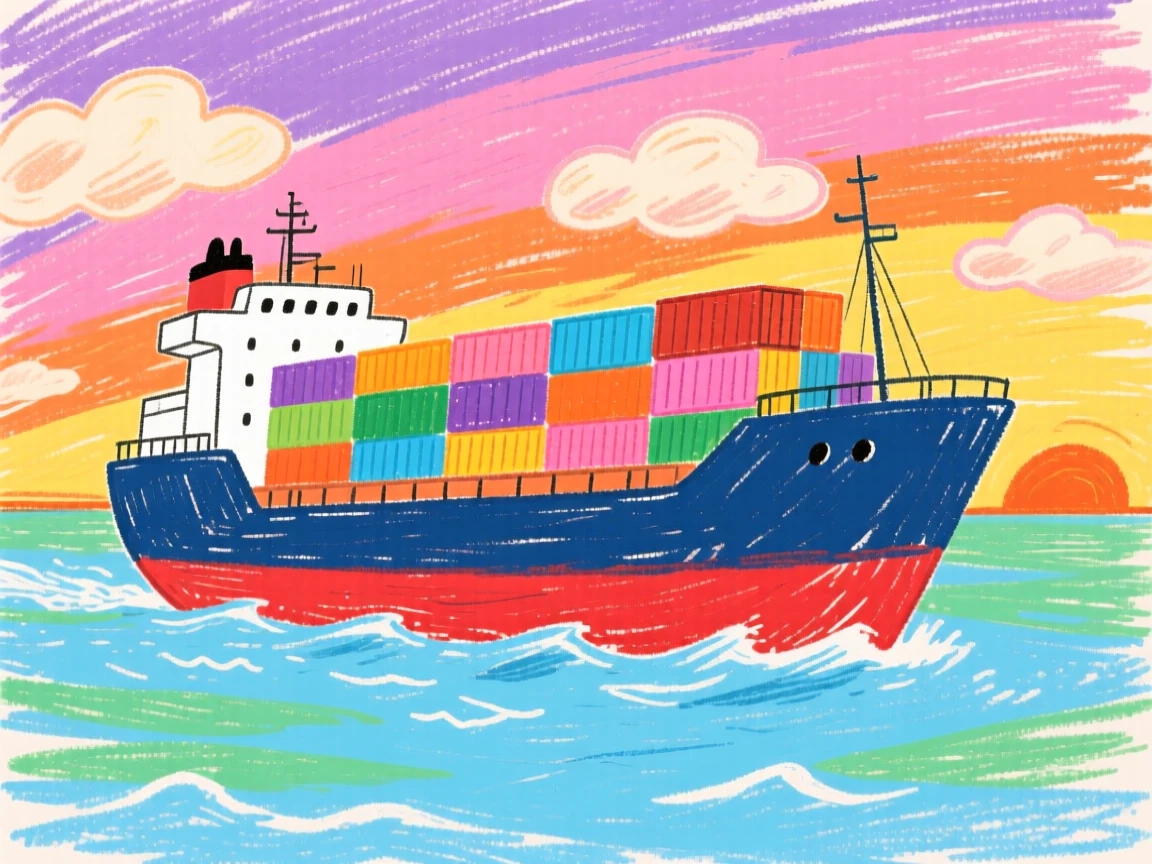 A cargo ship sailing beneath a dramatic sunset horizon.