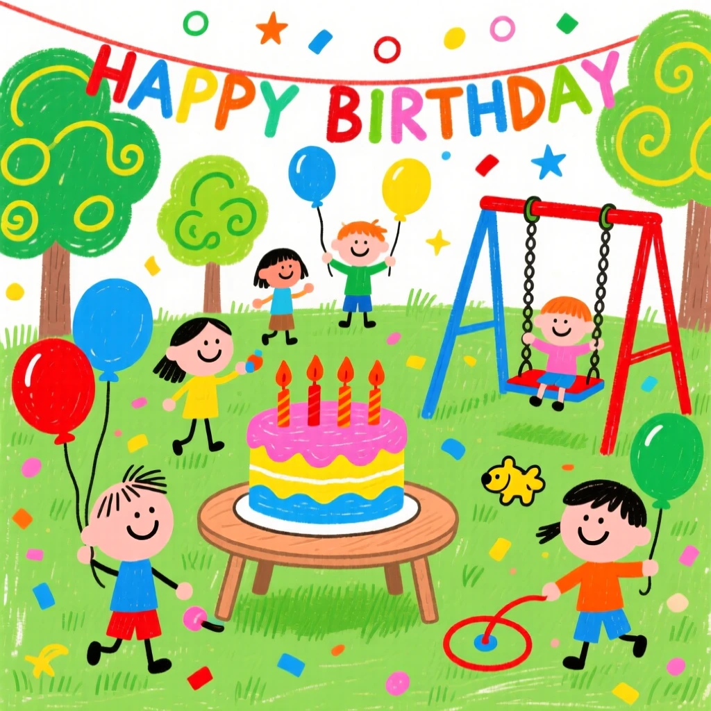 A birthday party with balloons, cake, and children playing games in a backyard.