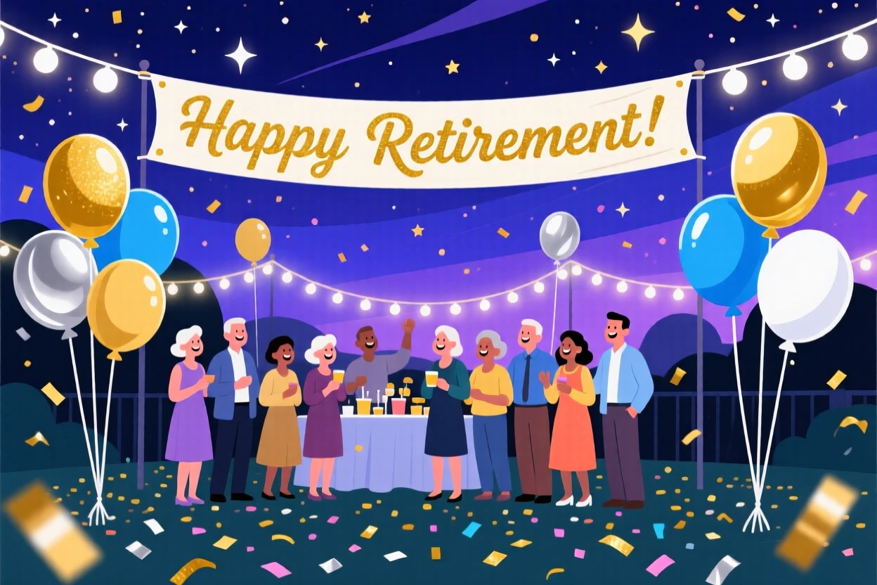A retirement party decorated with balloons and banners, set beneath a glowing night sky filled with celebration, arranged with confetti or lights adding sparkle to the scene, with a joyful sense of togetherness and celebration.