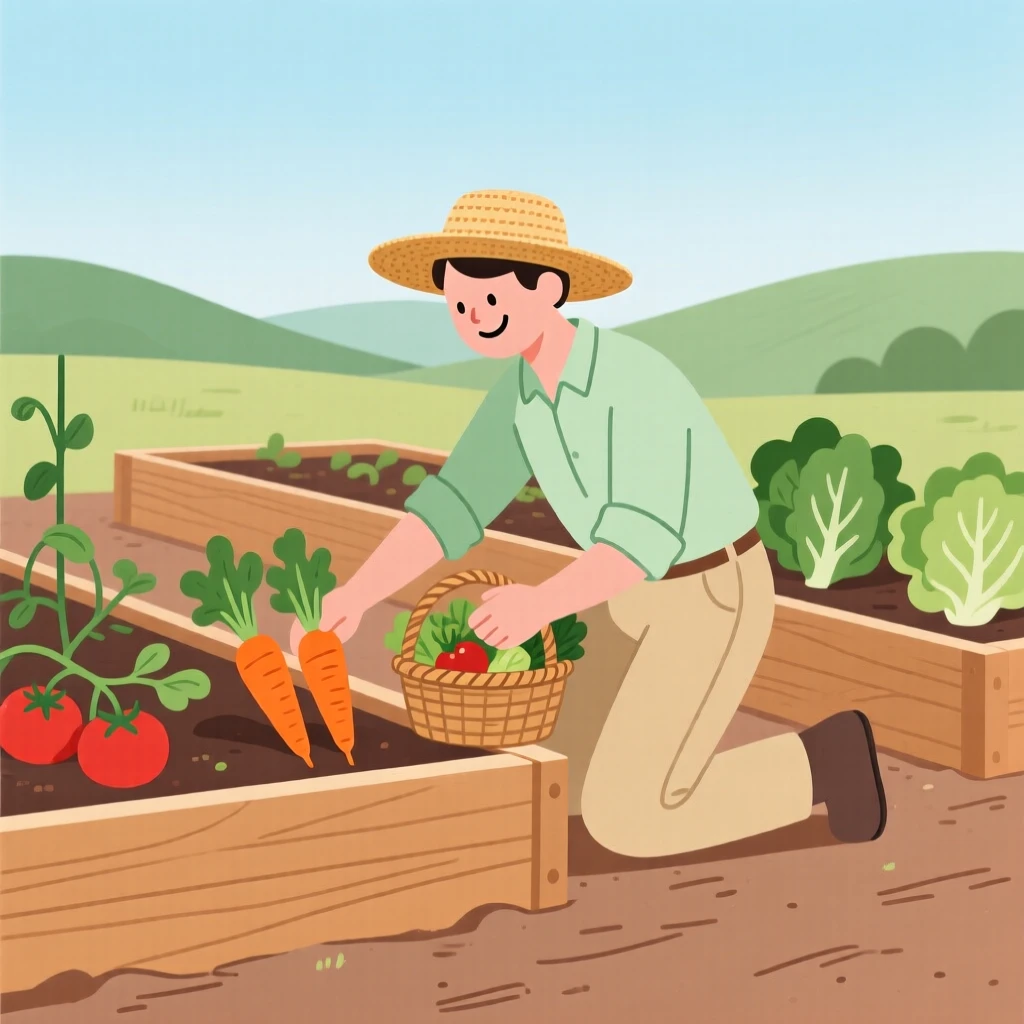 A gardener harvesting fresh vegetables from raised garden beds.