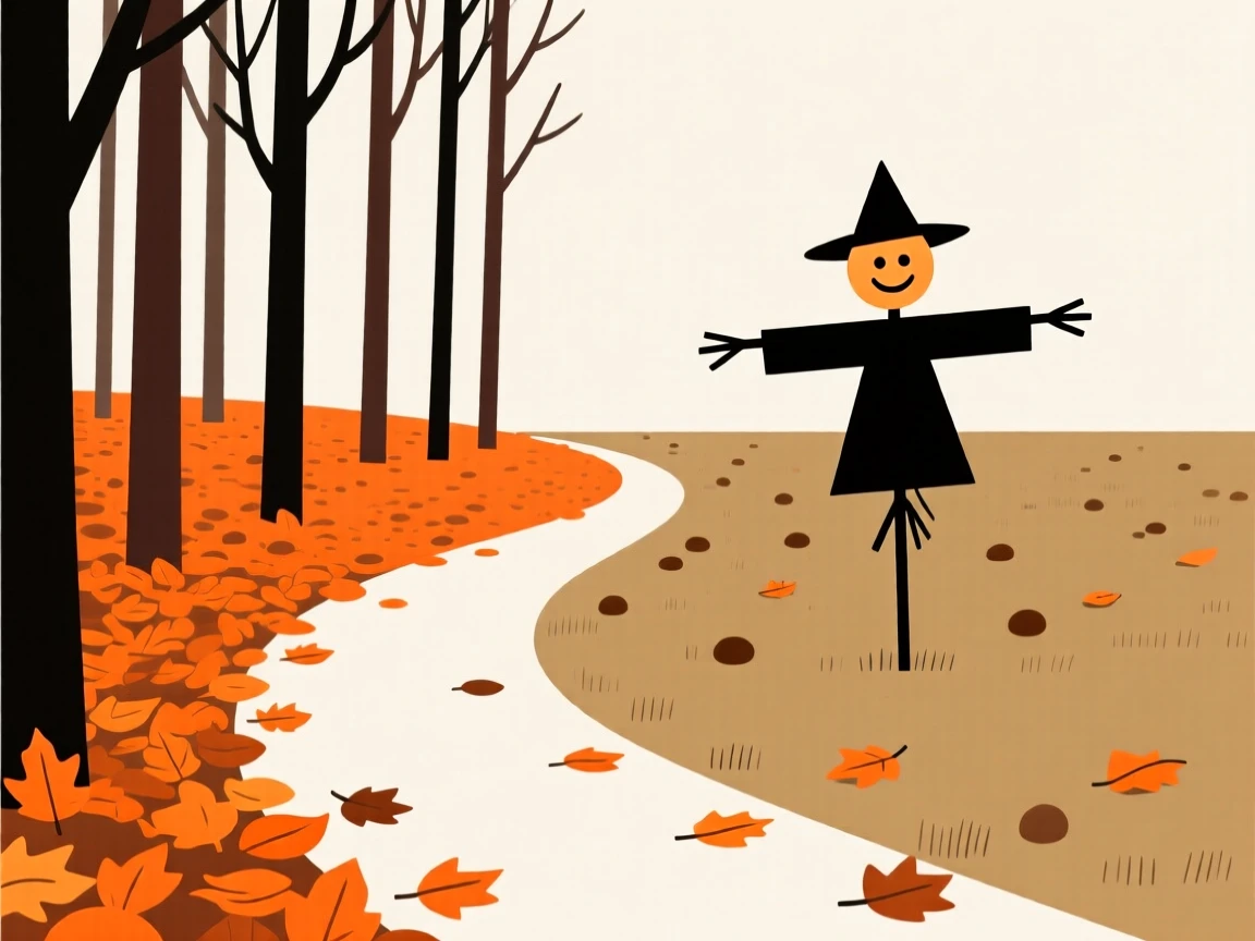 A forest trail, transformed by carpet of fallen orange leaves, with a scarecrow in a field scattered throughout, captures seasonal renewal.