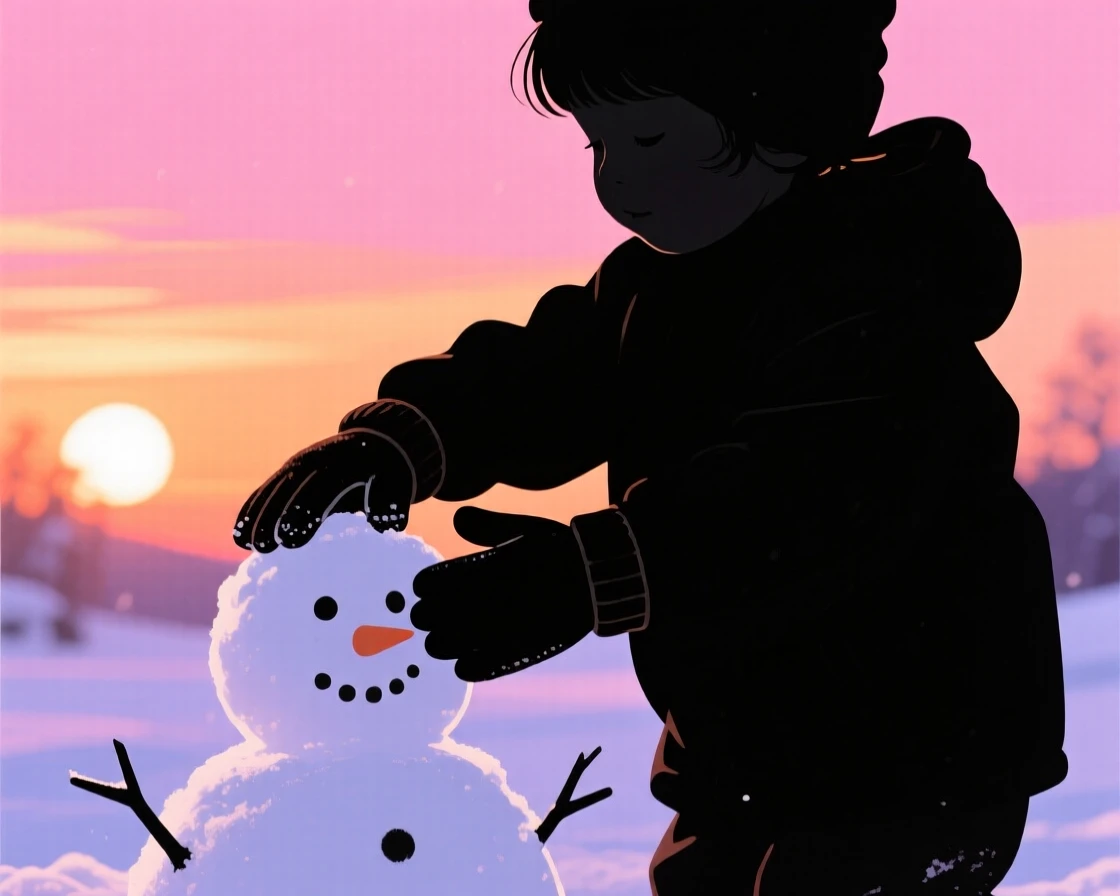 A child's mitten-covered hands building the base of a snowman.