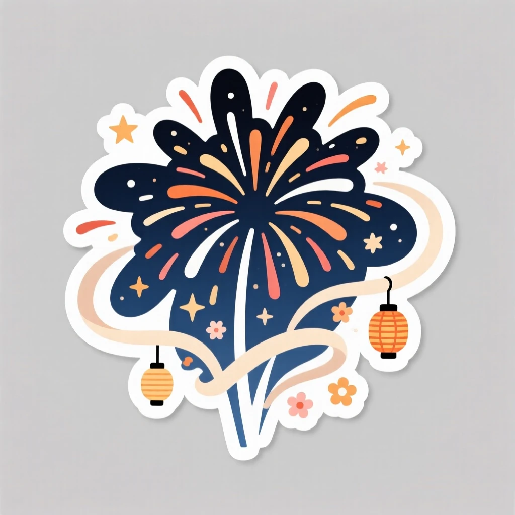 A warmly nostalgic fireworks bursting over a summer night sky, decorated with ribbons and small ornaments, during the most magical time of year.