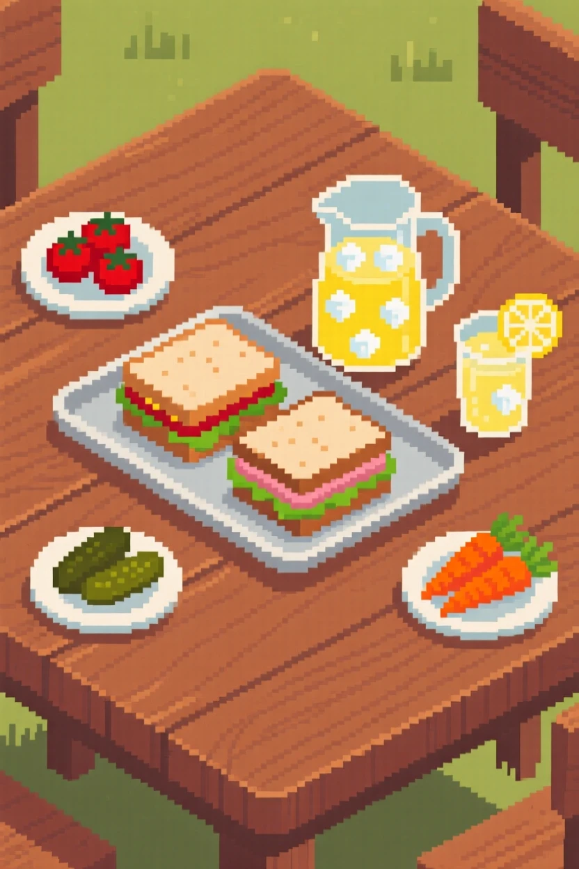 A picnic spread of sandwiches and lemonade served on a tray with tiny side dishes, on a rustic wooden kitchen table.