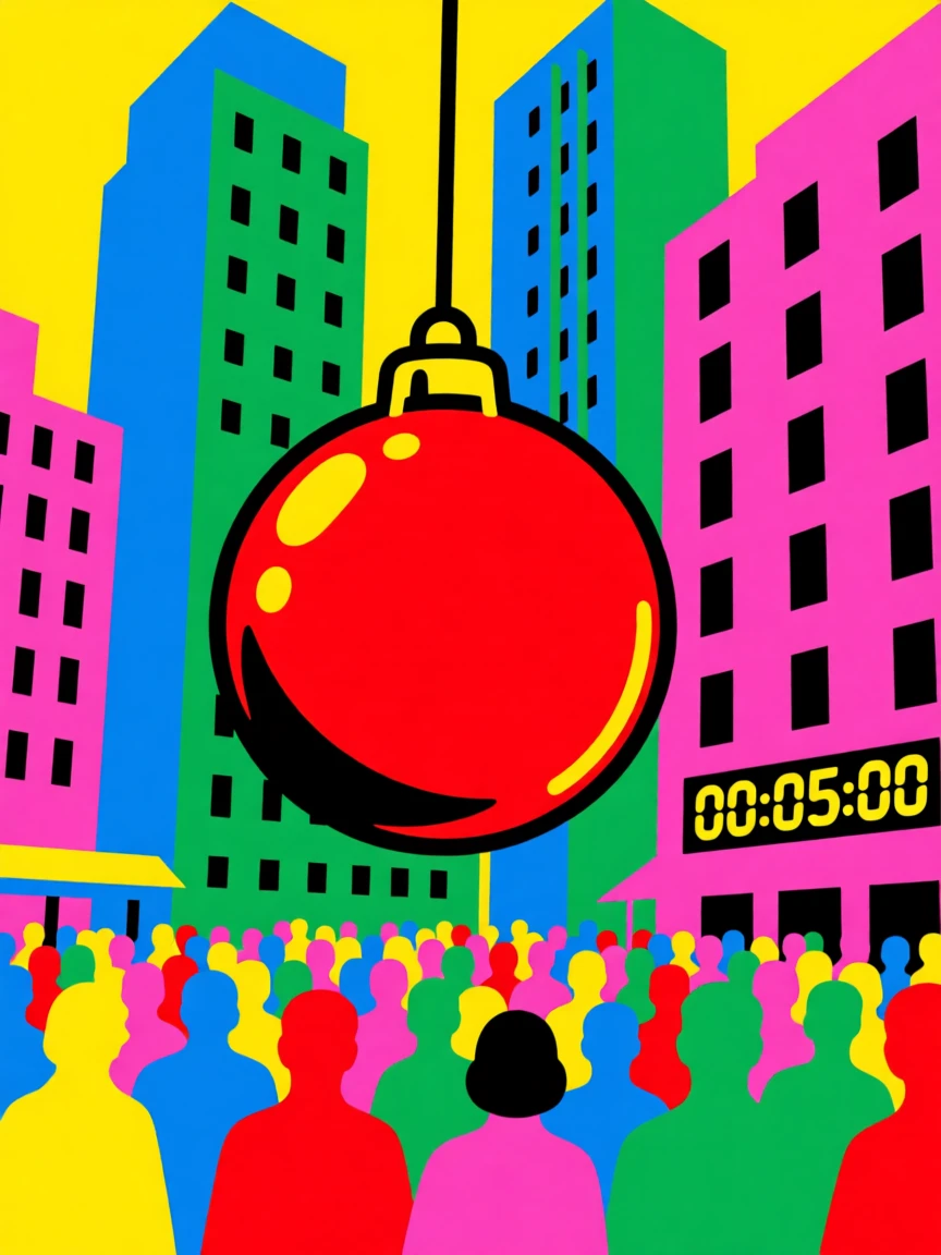 New Year's ball dropping in a city square