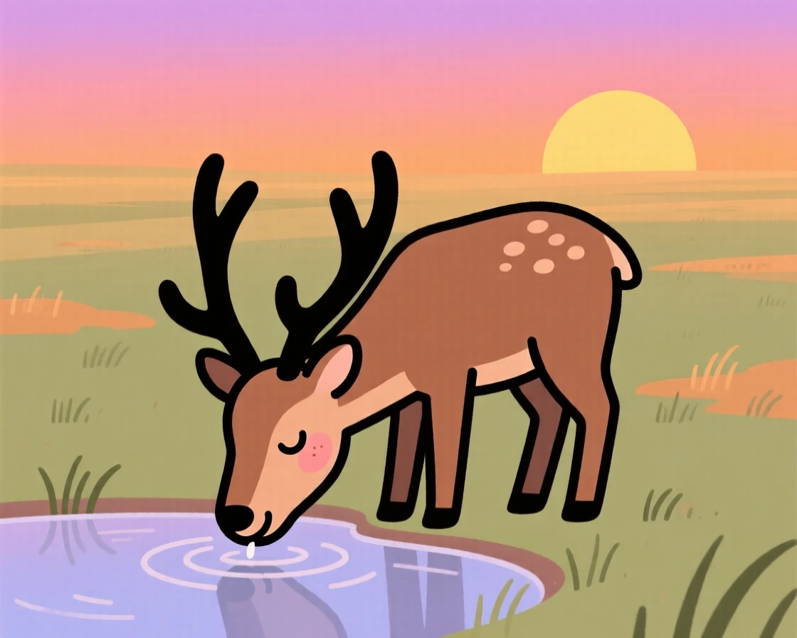 A elk stands at the edge of a open prairie, drinking from the water as the setting sun paints the sky in warm colors.