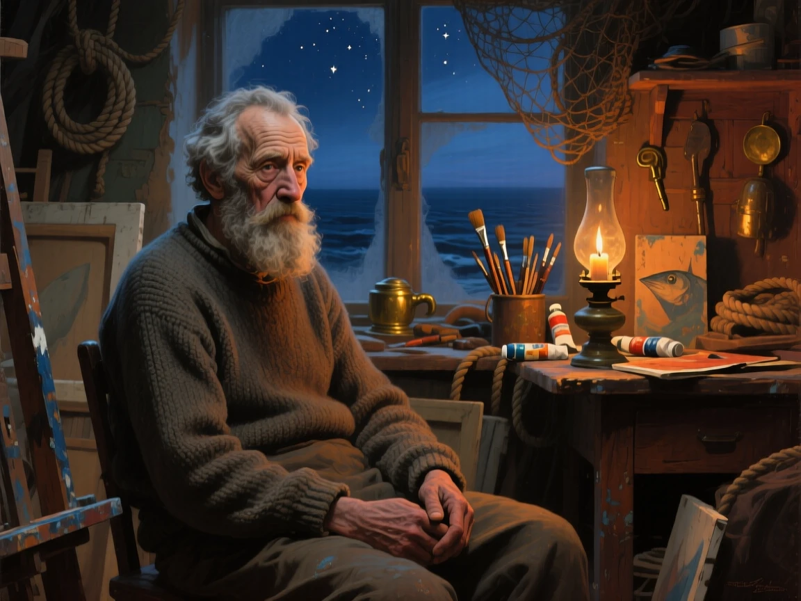 A close-up portrait of an old fisherman inside a cluttered artist's studio, showing calm determination, under the night sky.