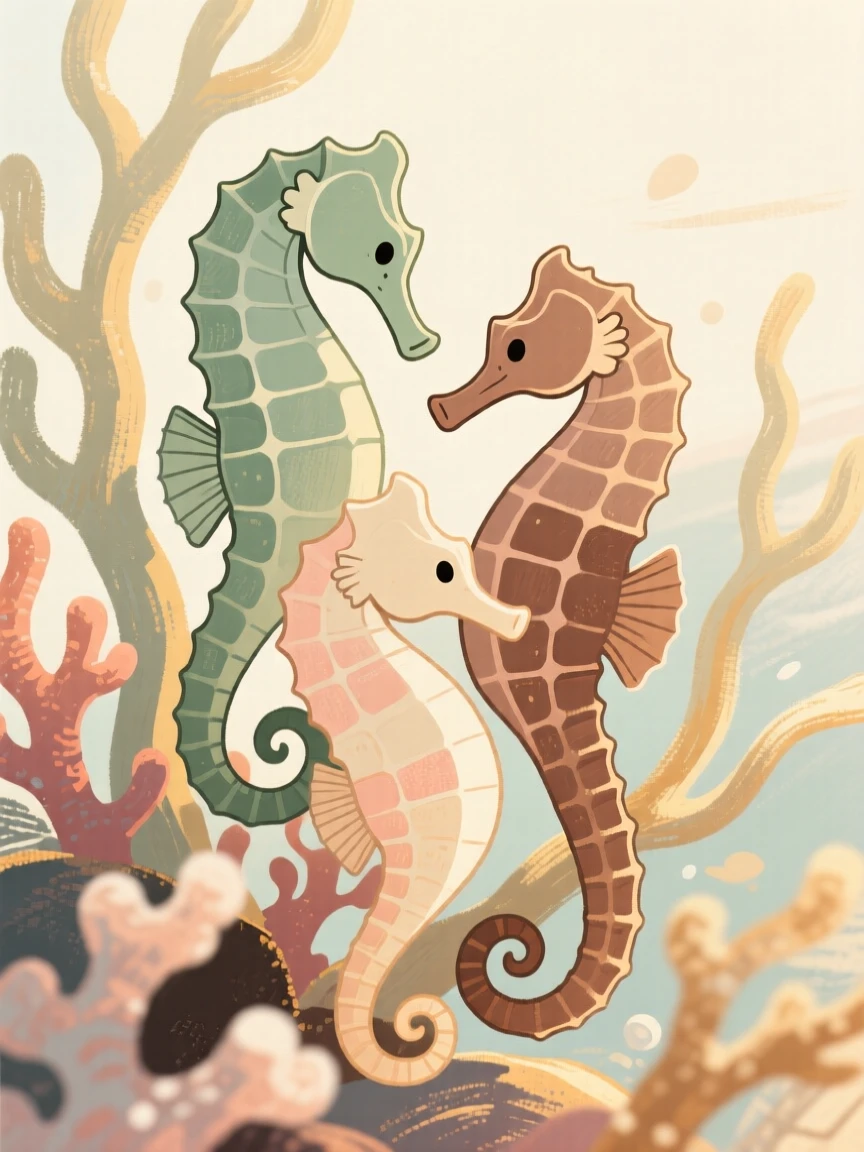 A cluster of seahorses clinging to swaying coral fronds