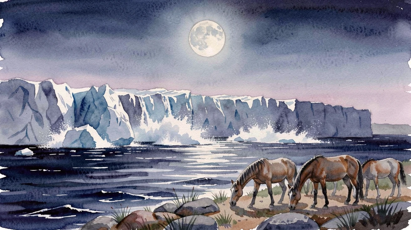 A glacier calving into the sea under a full moon with wild horses grazing nearby.