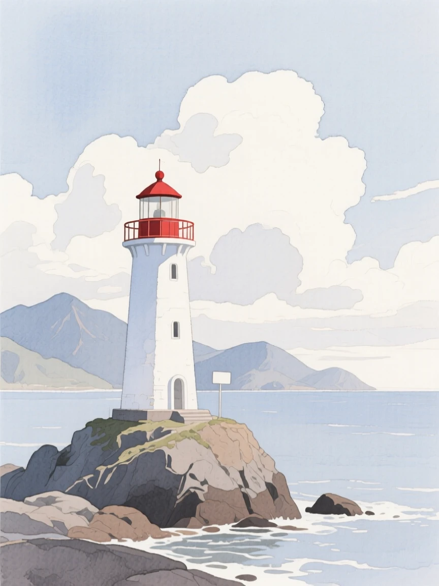 A serene view of a solitary lighthouse point, as clouds part to reveal distant peaks, evoking calm and quiet reflection