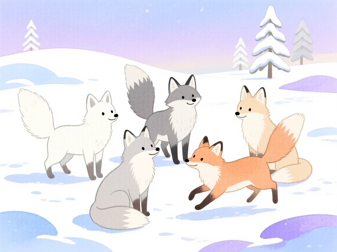 A vivid scene of a group of arctic foxes in a snowy tundra.