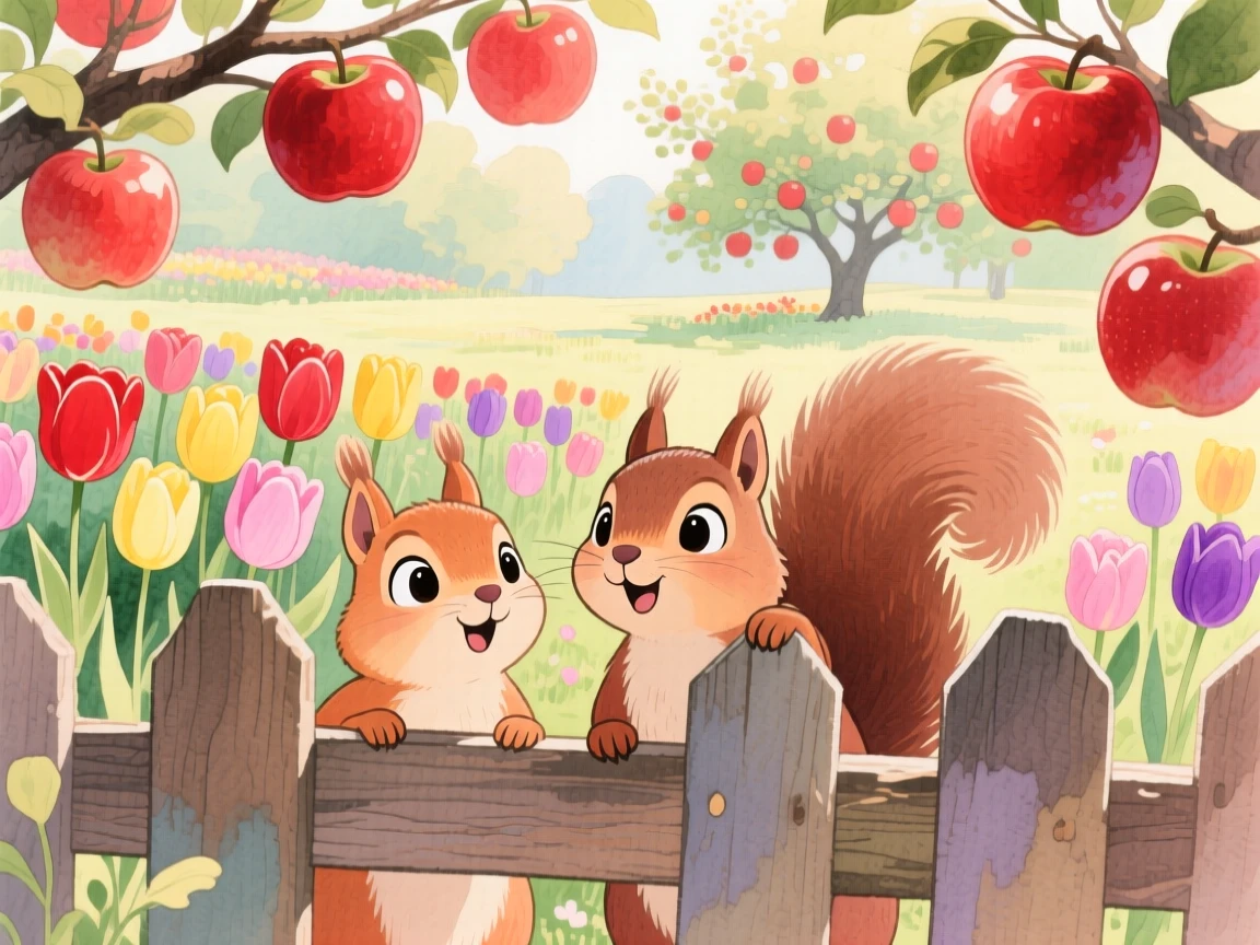 A pair of squirrels peeking through a fence at a garden full of tulips, set in an orchard heavy with ripe apples, filled with wide-eyed wonder.