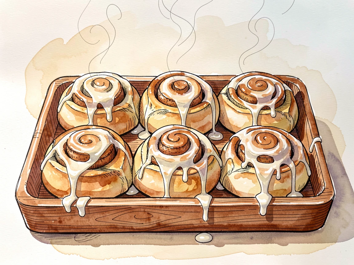 A tray of freshly baked cinnamon rolls drizzled with icing, the aroma almost palpable in the soft afternoon light.