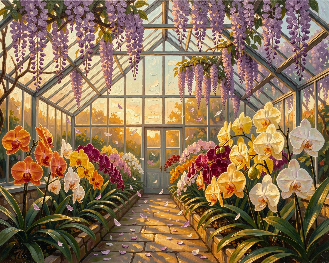 At golden hour, the flowers glowing warmly in the low light, a greenhouse filled with exotic orchids, beneath a canopy of wisteria in full purple bloom, a soft breeze scattering petals across the path.