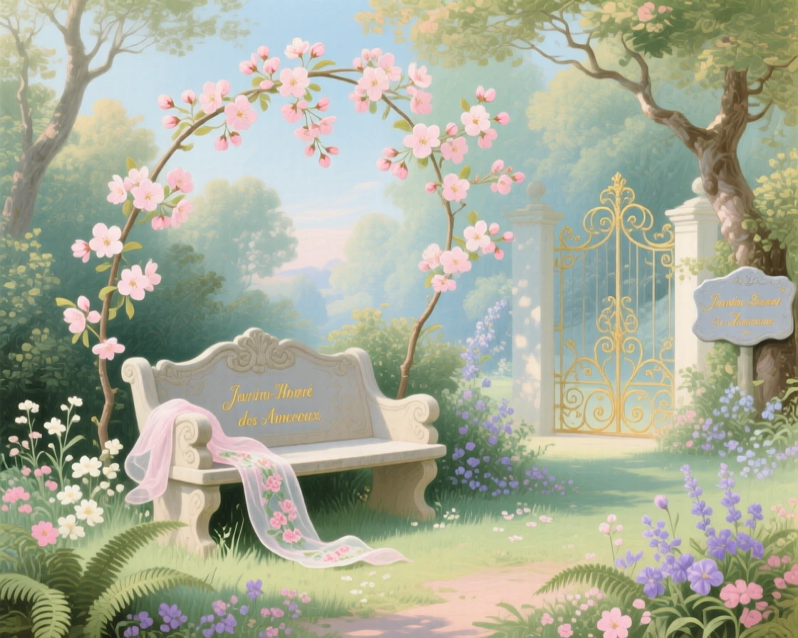 A secluded woodland glade with a stone bench beneath hanging blossoms  
