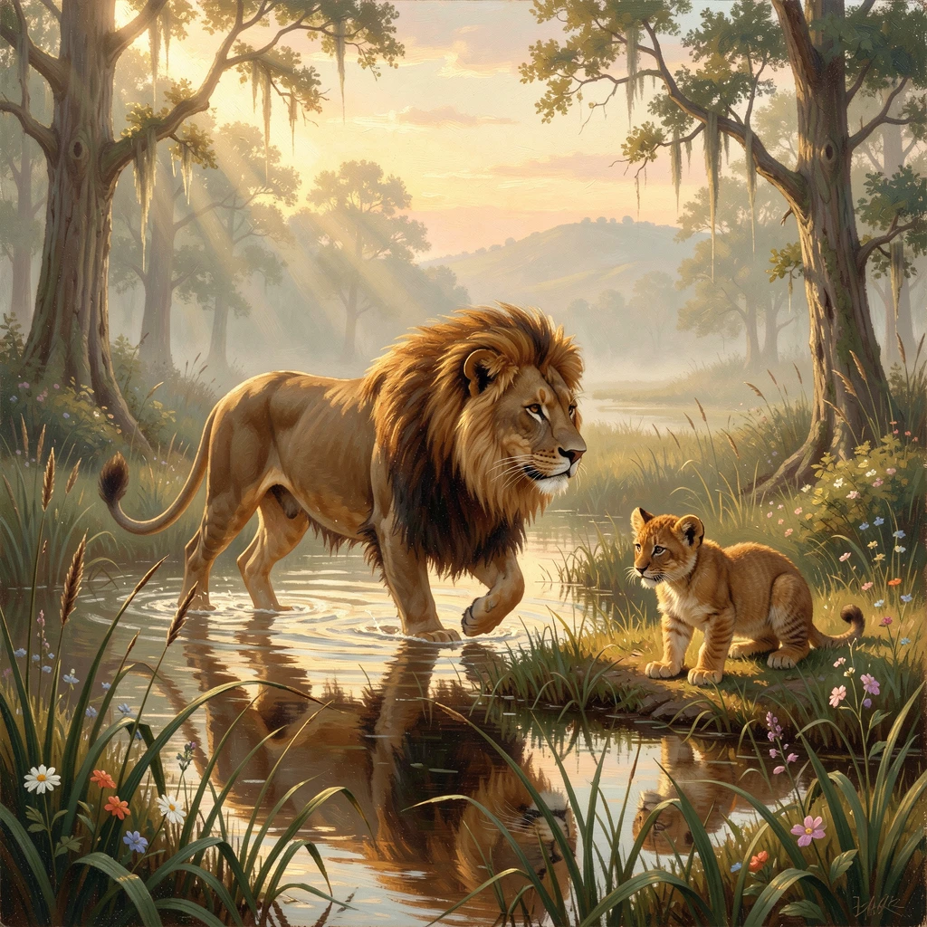 A lion crosses a quiet marsh at first light beneath the watchful eyes of its young.