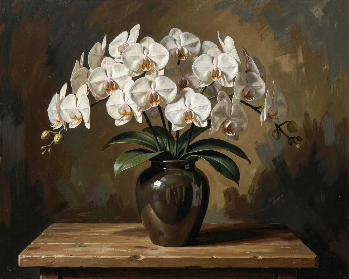 A grand bouquet of orchids arranged in a sleek modern vase, captured with meticulous attention to material and craftsmanship, evoking elegance, refinement, and quiet luxury