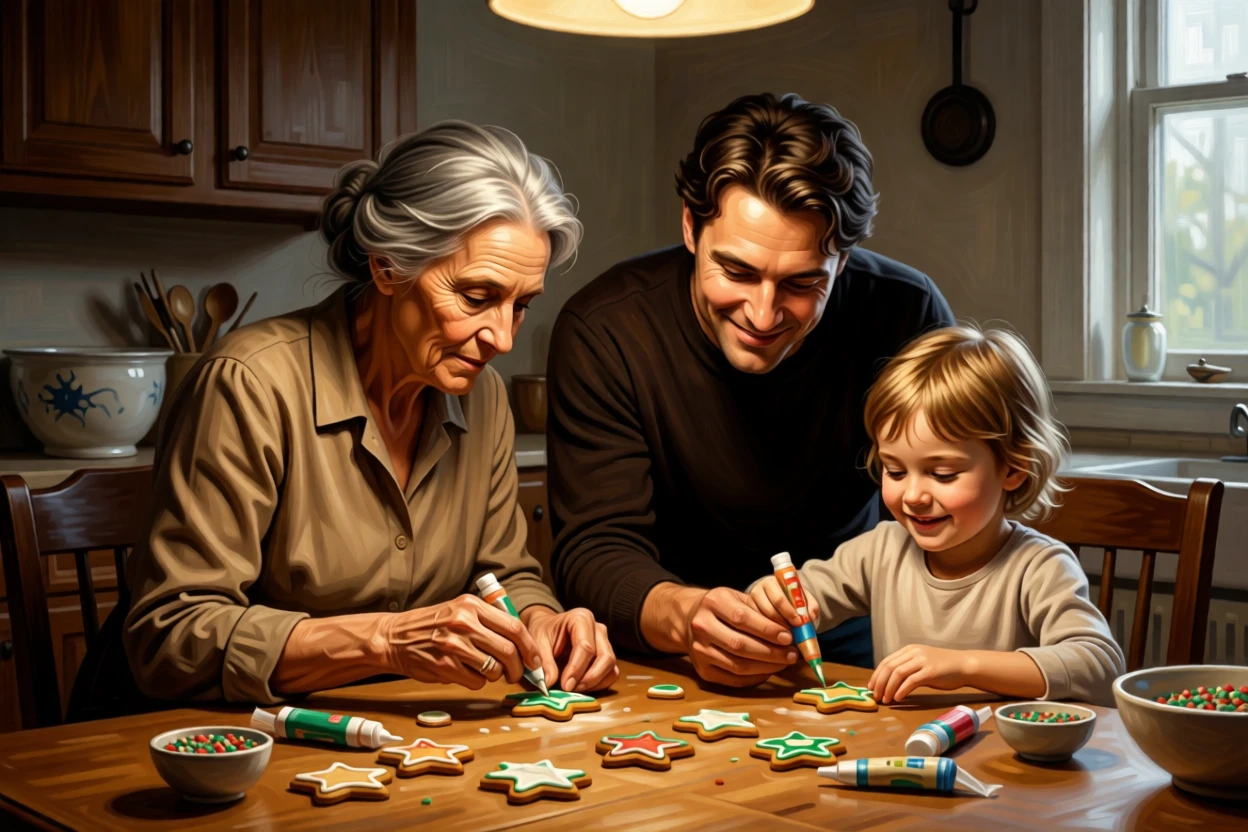 Three generations gathered around a table decorating holiday cookies in a scene glowing with warmth and quiet devotion, set within a warmly lit kitchen filled with the smell of baking, with worn, familiar surroundings that speak of years shared together; a soft, blurred background keeps the emotional connection in sharp focus, suggesting the enduring bonds between generations.