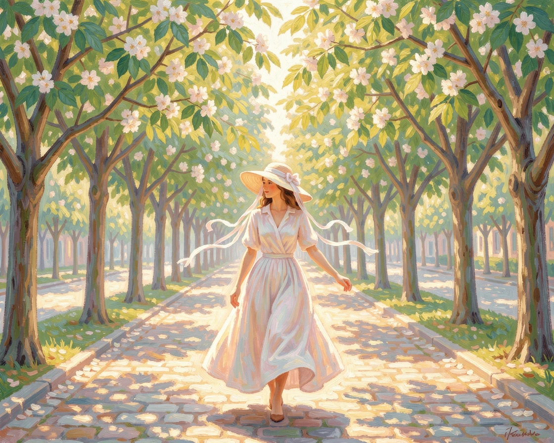 A woman in a wide-brimmed hat walking along a sunlit boulevard lined with blooming chestnut trees, radiating joy and gentle celebration.
