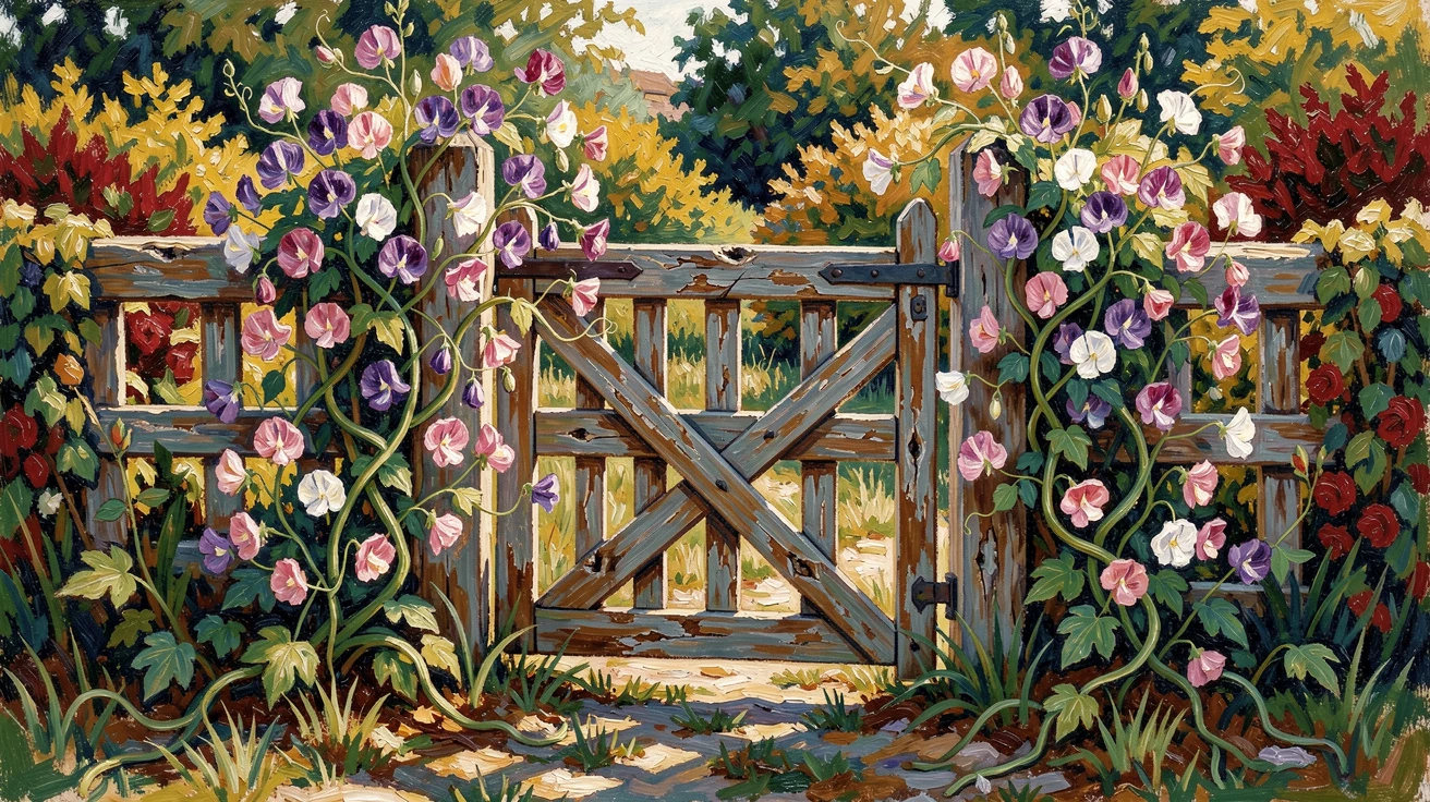 An English country garden with a weathered gate and climbing sweet peas.