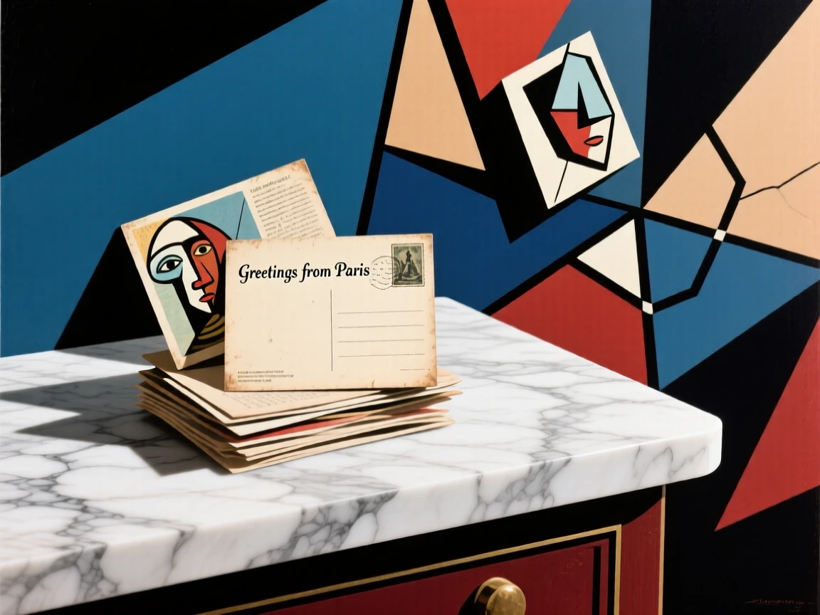 An elegant still life featuring a stack of vintage postcards on a marble countertop with soft shadows.