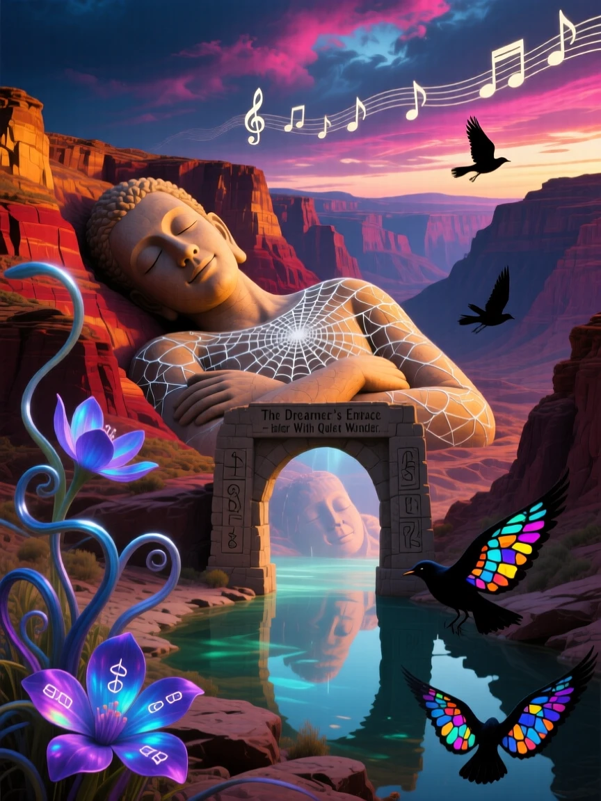 A canyon carved into the shape of a giant sleeping figure hums faintly with a low, unseen music, as soft light pools in every hollow and crevice.