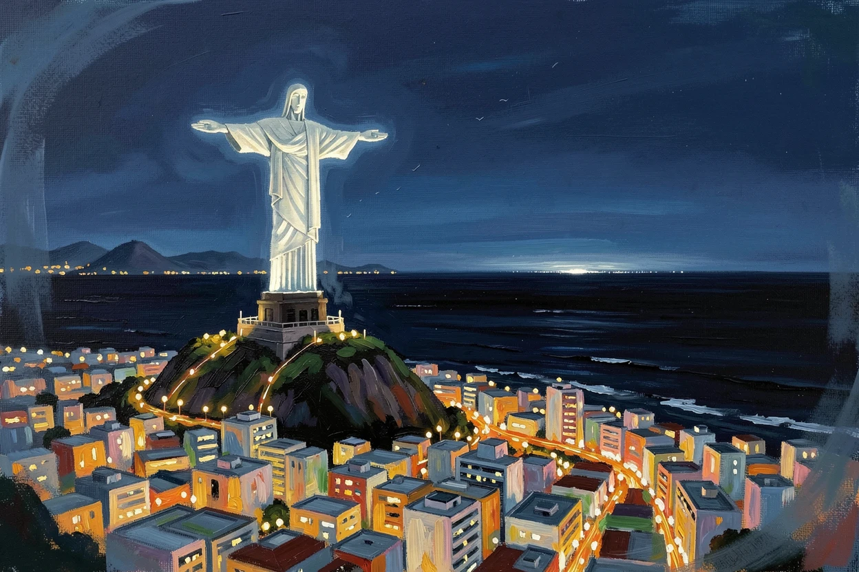 A vibrant view of Rio de Janeiro at night shows Christ the Redeemer illuminated atop Corcovado, city lights sprawling below toward the dark ocean, with the crisp, still air carrying only the faintest sounds of distant birdsong.