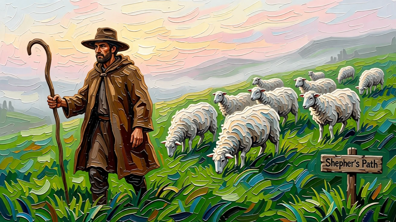 A shepherd guiding a flock of sheep across a misty green hillside at dawn