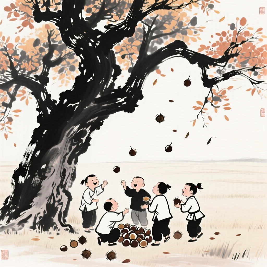 A group of children gather chestnuts beneath an autumn tree, as laughter echoes across the open field.