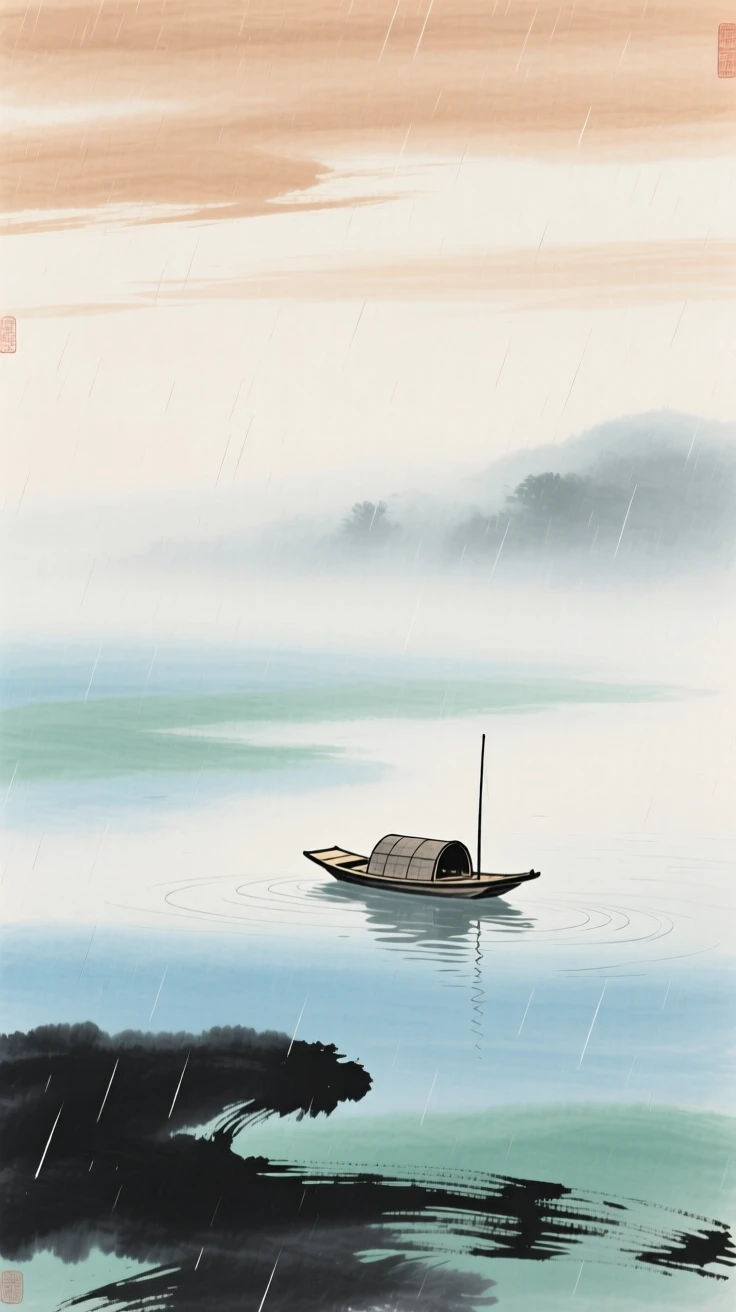 A single boat drifting alone on a vast, mist covered lake, beneath a sky washed clean by rain.