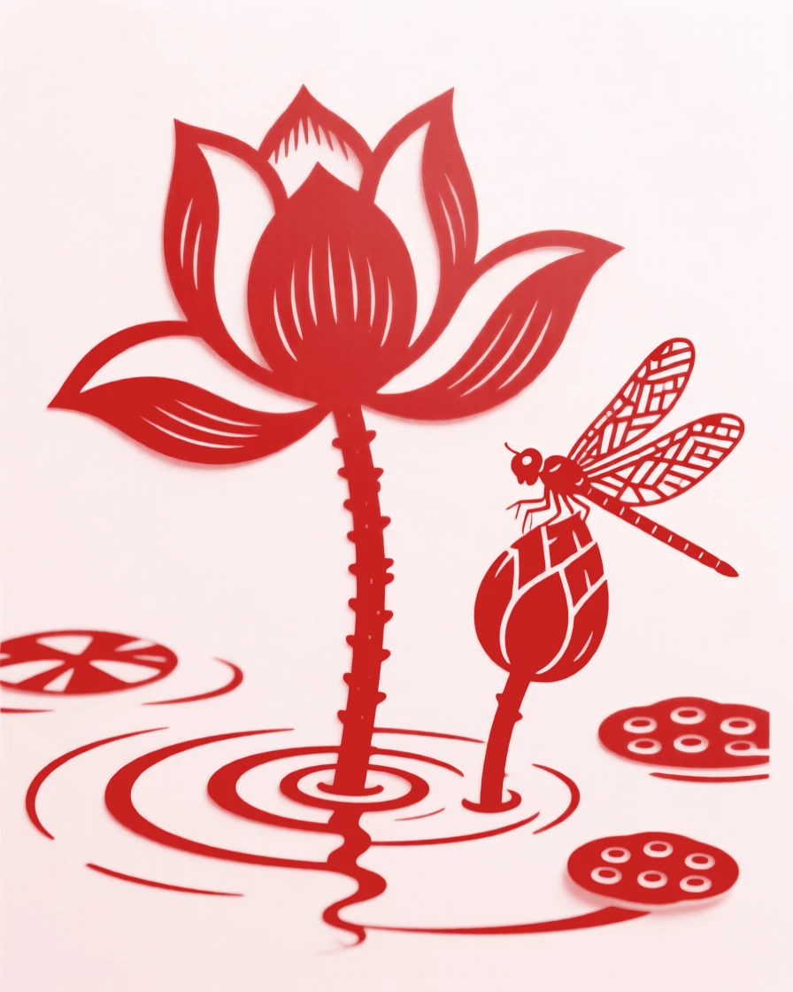 A lotus flower rising above still pond water, petals just beginning to open, a dragonfly resting on a nearby bud