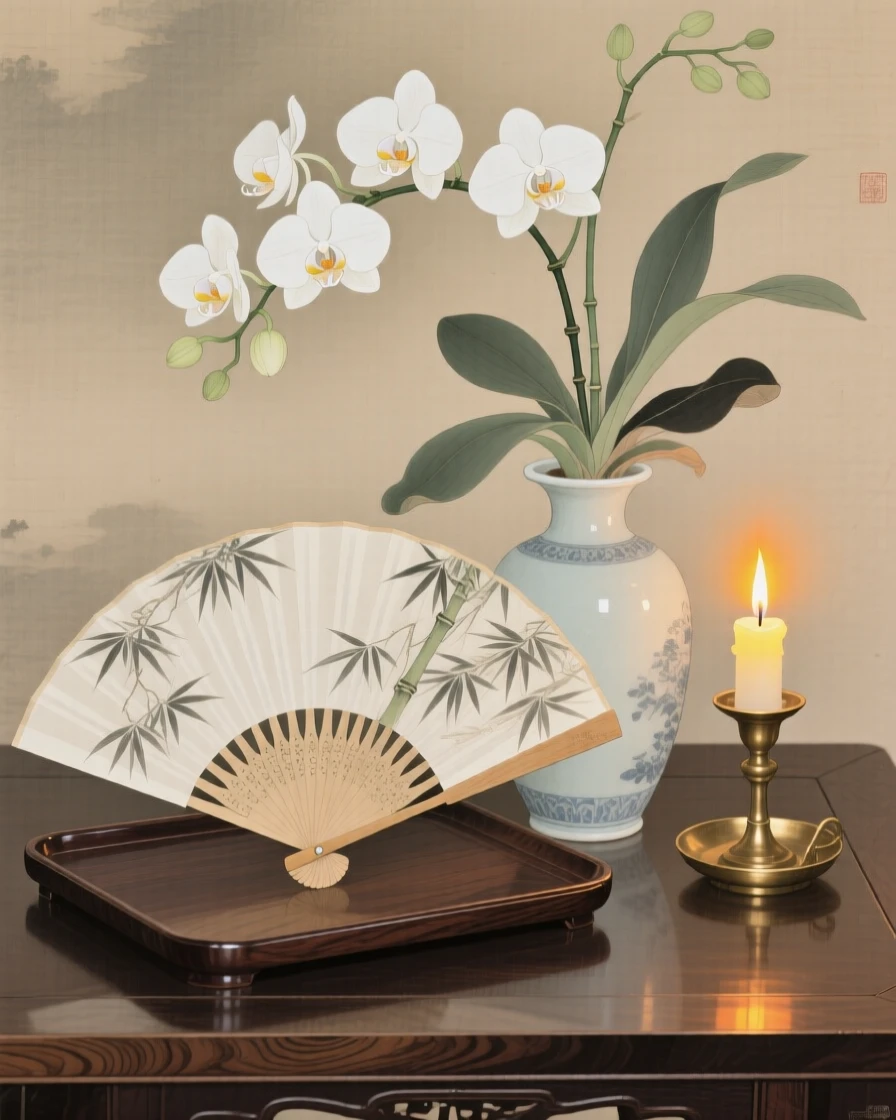 A folding fan resting beside a vase of orchids on a wooden tray beside a lit candle