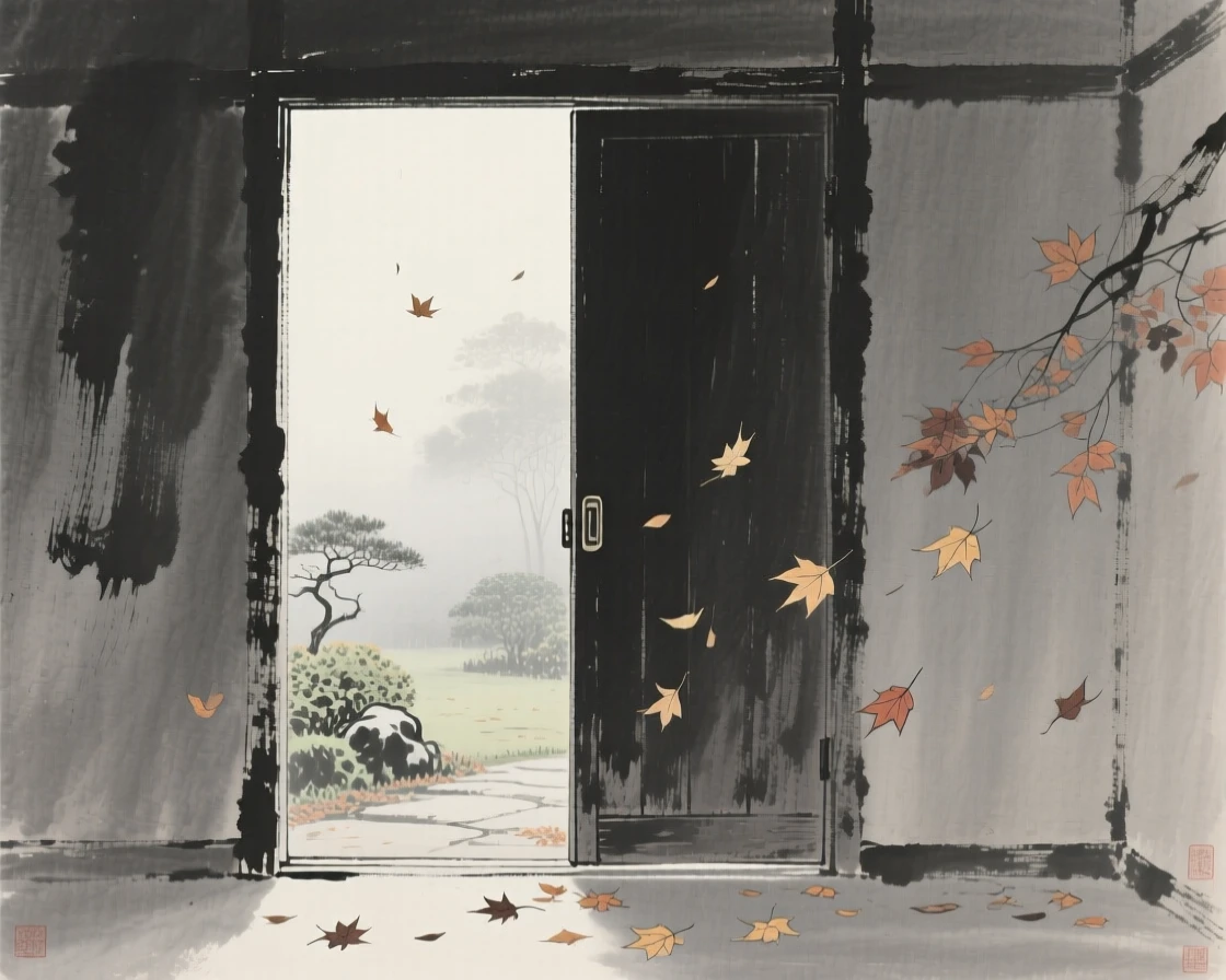An open door revealing a misty garden beyond beneath drifting autumn leaves, seen from a distance, small and still within the frame, conveying a poetic sense of calm and reflection.