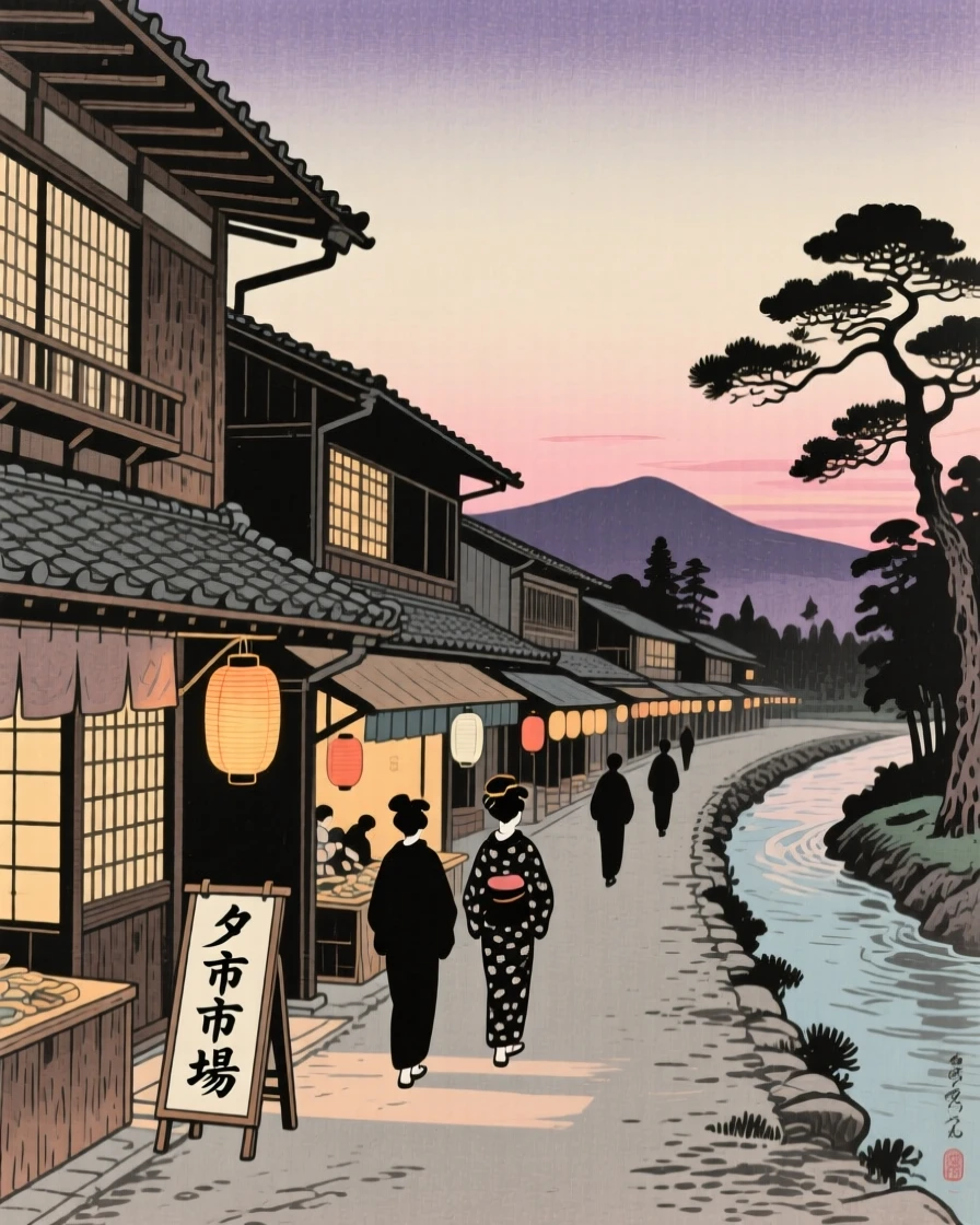 A covered wooden market street silhouetted against a pale evening sky.