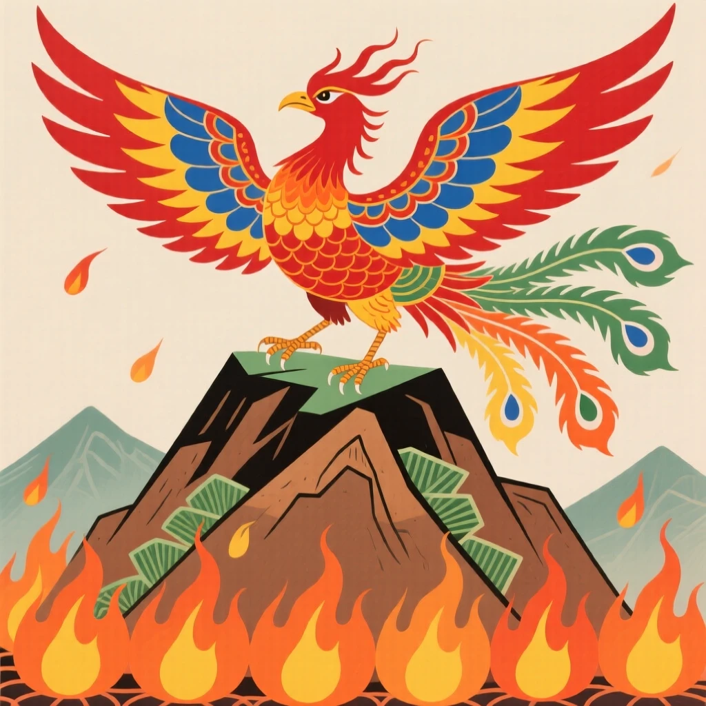 A phoenix rising from a bed of glowing embers atop a mountain peak.