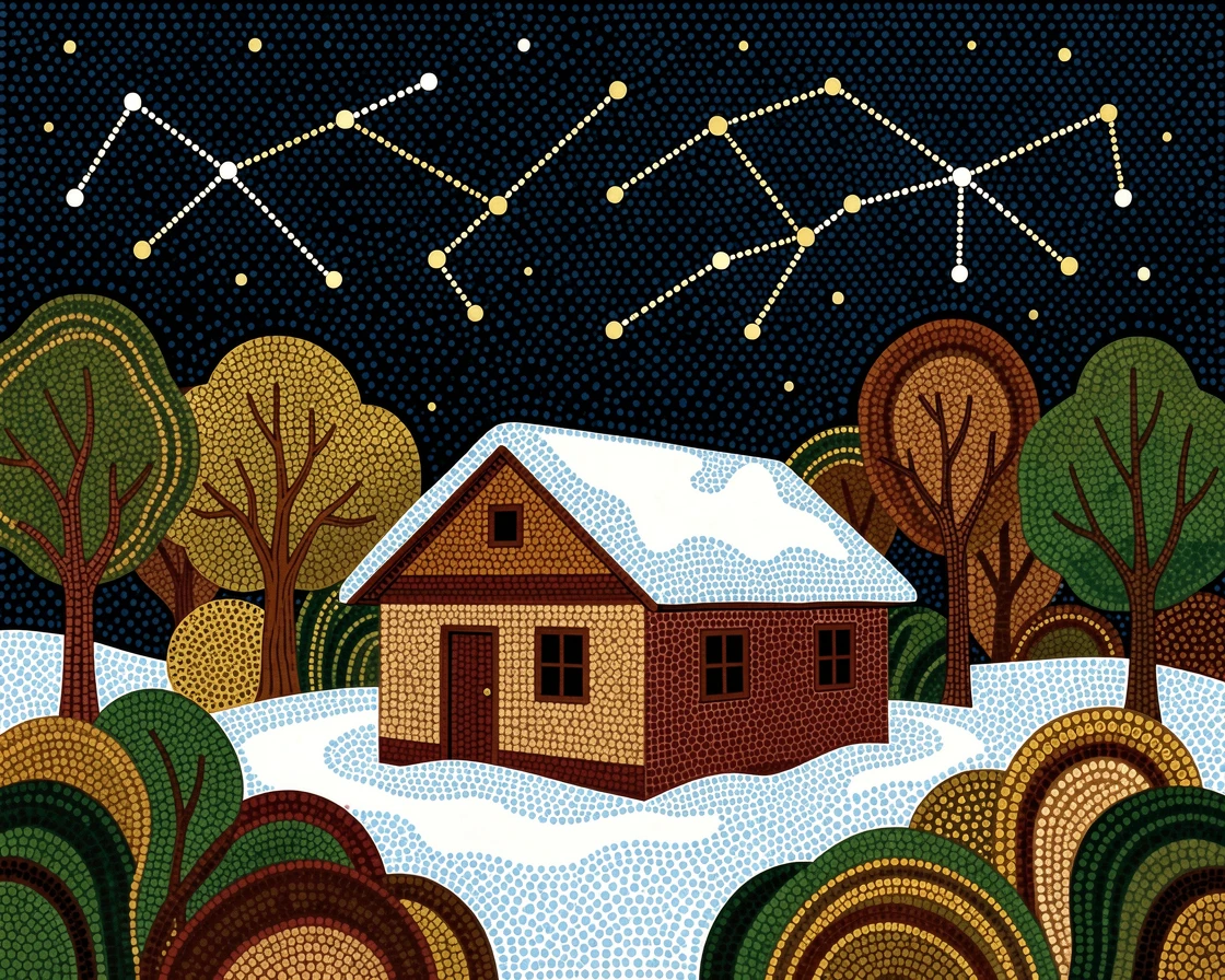 A snow-covered cabin under a starry winter sky