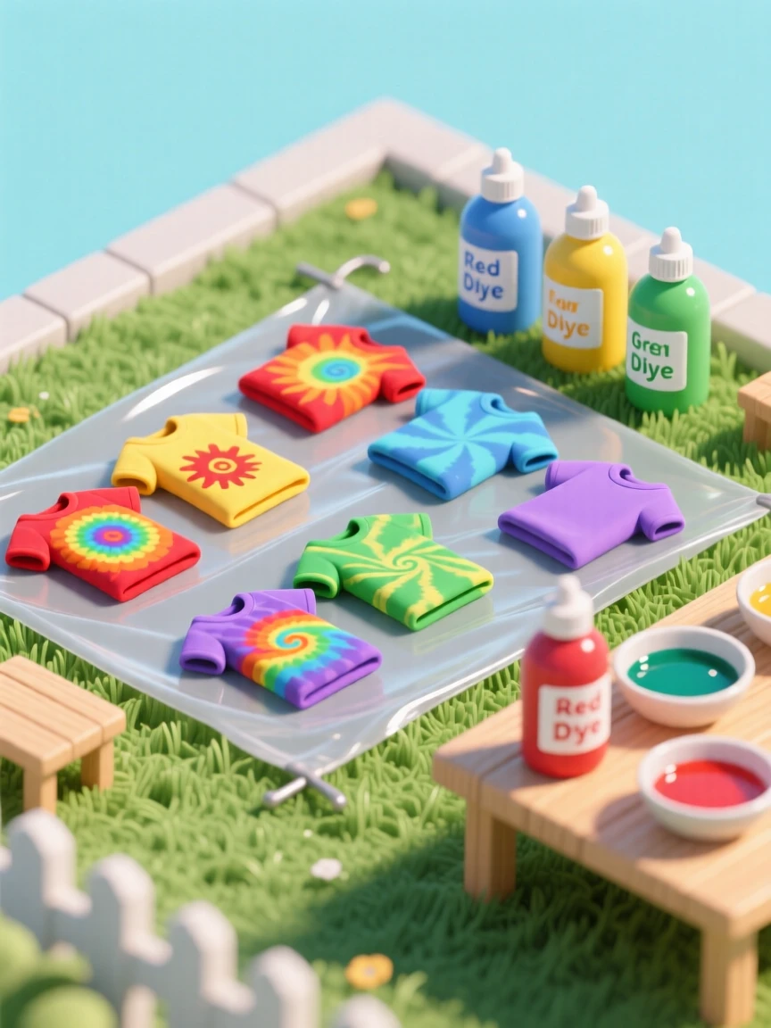 A tie-dye workshop in a sunny backyard, colorful spirals forming on t-shirts spread across a plastic tarp.