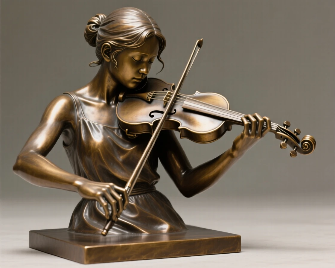 A young violinist tuning her instrument backstage, captured at the peak of a powerful movement, forming a strong central focal point