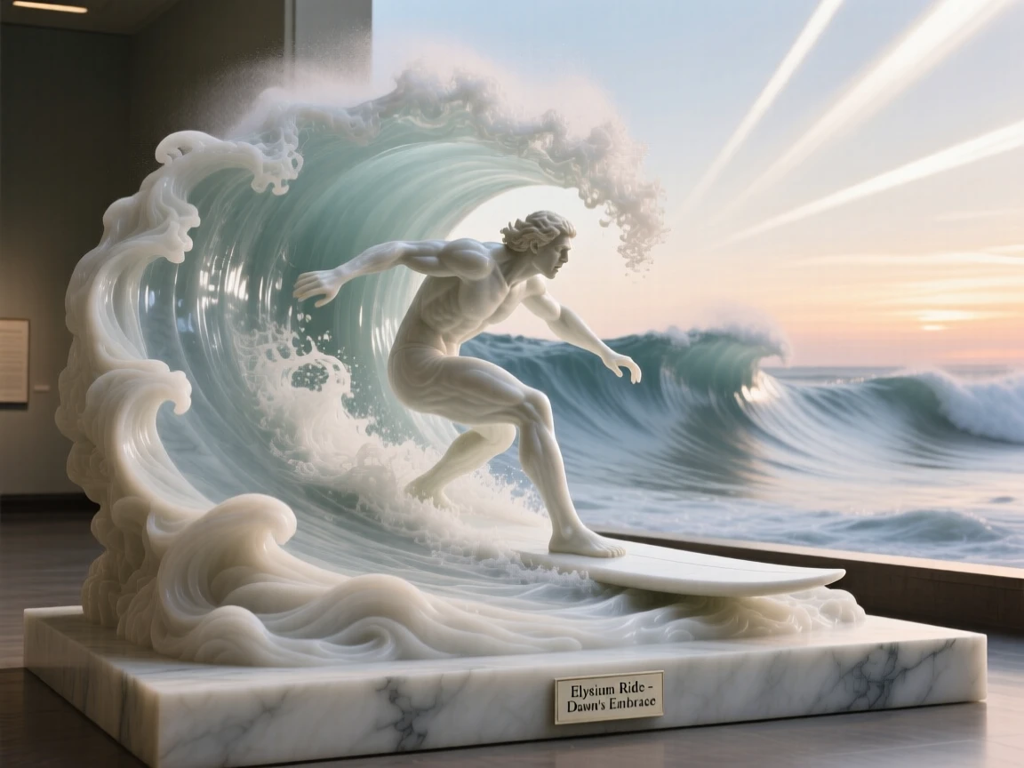 An evocative depiction of a surfer riding a towering wave at dawn, surrounded by soft, glowing light, balancing detail with emotional depth